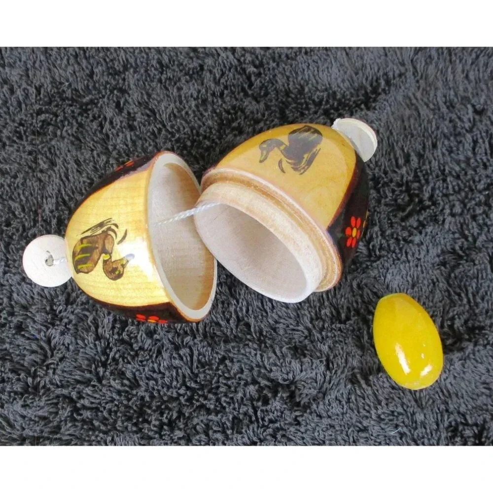 Hand Painted egg-shaped rattle cabin décor Easter holiday outdoors Wooden egg‎